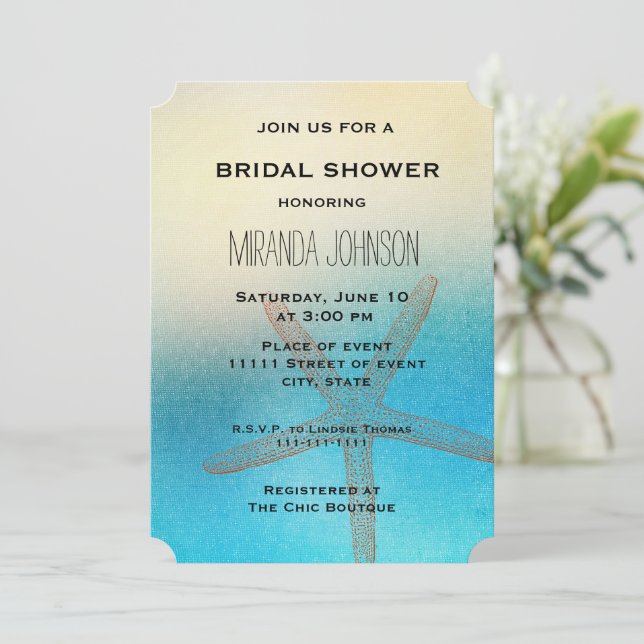 Invitación Turquesa White Aqua Blue Starfish Ducha de novias (Anverso de pie)