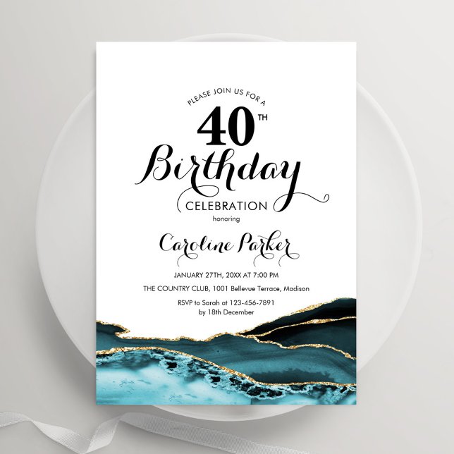 Invitación Turquesa White Gold Agate 40 cumpleaños (Subido por el creador)