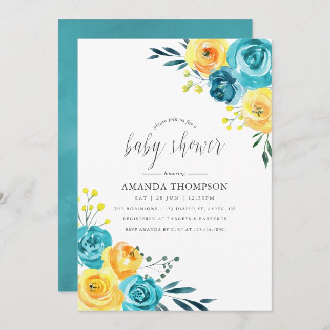 Invitación Turquesa y Amarillo Cumpleaños Floral de Agua para (Anverso / Reverso)