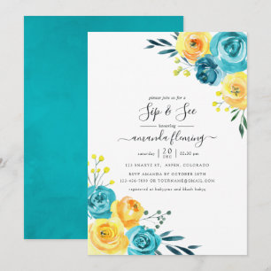 Invitación Turquesa y Amarillo Floral de Acuarela Sip y Ver
