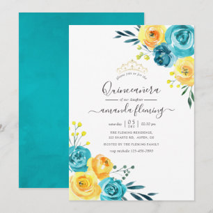 Invitación Turquesa y Amarillo Floral Quinceañera Acuarela