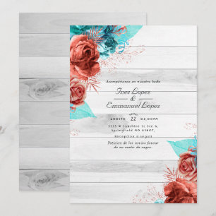 Invitación Turquesa y Boda floral de coral rústico