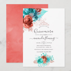 Invitación Turquesa y Coral Acuarela Floral Quinceañera