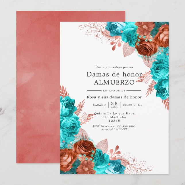 Invitación Turquesa y Coral Bridesmaids Luncheon (Anverso / Reverso)
