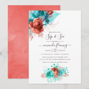 Invitación Turquesa y Coral Floral Acuarela Sorbo y Ver