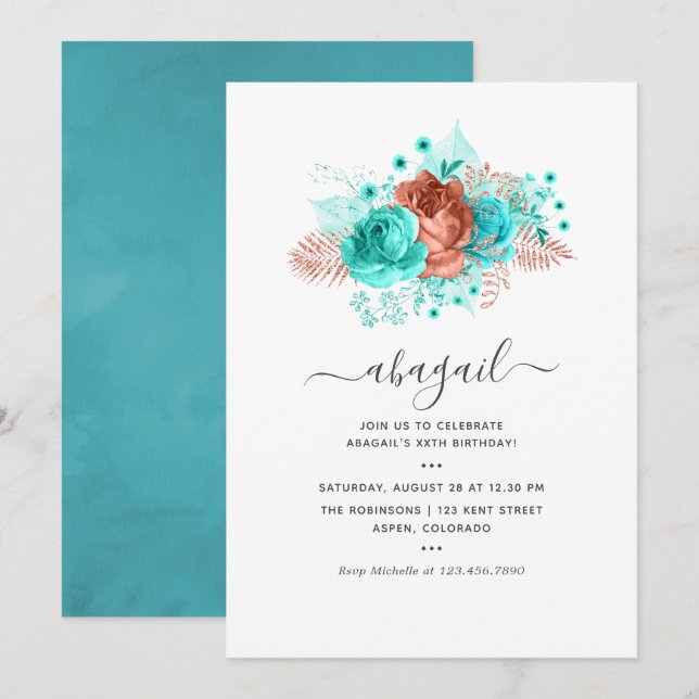 Invitación Turquesa y Coral Floral Cumpleaños (Anverso / Reverso)