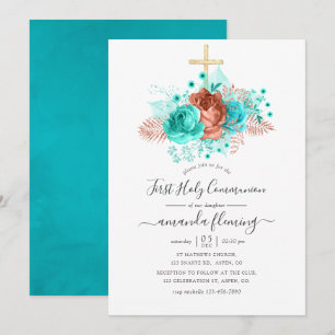 Invitación Turquesa y Coral Floral de Acuarela Comunión