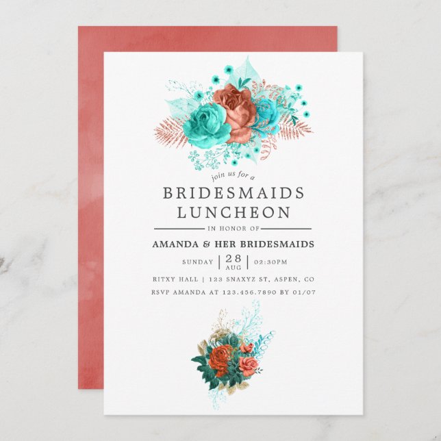Invitación Turquesa y Coral Tropical Bridesmaids Luncheon (Anverso / Reverso)