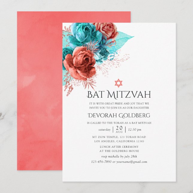 Invitación Turquesa y Coral vivo Bat Mitzvah (Anverso / Reverso)