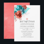 Invitación Turquesa y Coral vivo Bat Mitzvah<br><div class="desc">Rosas de coral de color turquesa y vivos y invitaciones mitzvah de murciélago de follaje purpurina tropical diseñadas para adaptarse rápida y fácilmente a las especificaciones de tu evento.</div>