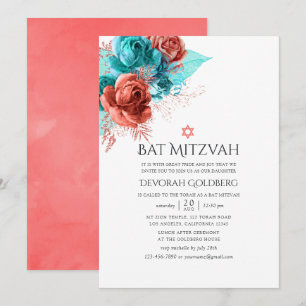 Invitación Turquesa y Coral Vivo Floral Bat Mitzvah