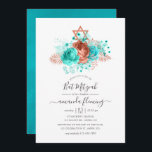 Invitación Turquesa y Coral Watercolor Bat Mitzvah<br><div class="desc">Invitación de mitzvah de murciélago de verano con rosas turquesa y coralina y follaje tropical falso purpurina con elegante tipografía de escritura a mano.</div>