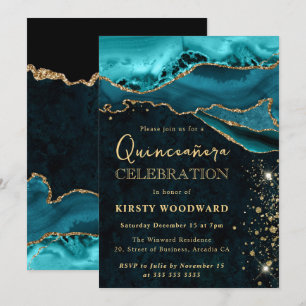 Invitación Turquesa y Dorado Agata Brillante Quinceañera