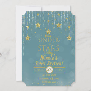 Invitación Turquesa y Dorado Bajo las Estrellas Dulces 16 Est