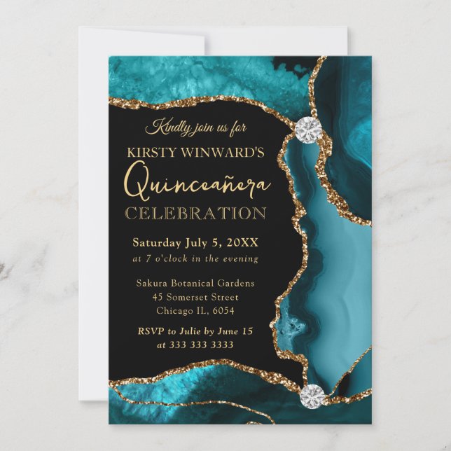 Invitación Turquesa y Dorado Falso Brillo Ágata Quinceañera (Anverso)