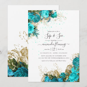 Invitación Turquesa y dorado Sip and See floral vintage desta