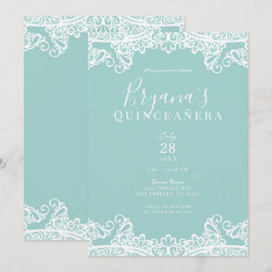 Invitación Turquesa y Encaje Blanco Fiesta Elegante de Quince