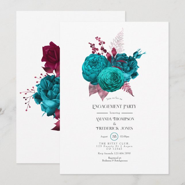Invitación Turquesa y fiesta de compromiso floral burgundy (Anverso / Reverso)
