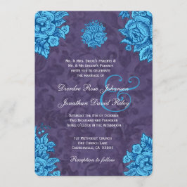 Invitación Turquesa y flores púrpuras del vintage que casan