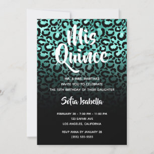 Invitación Turquesa y Glam Leopardo Negro Ombre Mis Quince