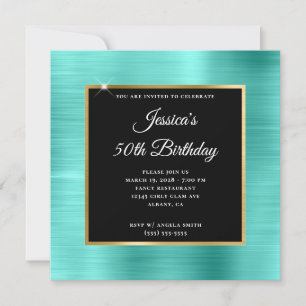 Invitación Turquesa y Hoja de Oro Cumpleaños Negro 50