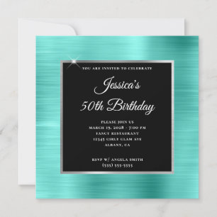 Invitación Turquesa y hoja de plata Cumpleaños negro 50