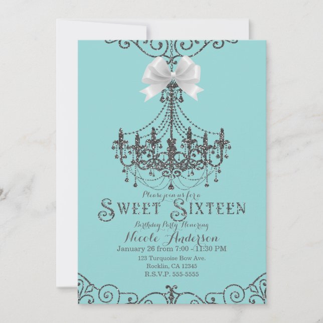 Invitación Turquesa y lazo blanco plateado Dulces 16 Dieciséi (Anverso)