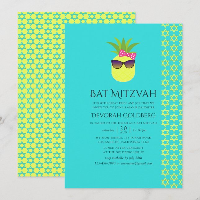 Invitación Turquesa y limón Tropical Bat Mitzvah (Anverso / Reverso)