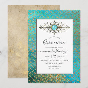 Invitación Turquesa y Oro Piedra Preciosa Sirena Quinceañera