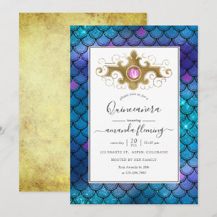 Invitación Turquesa y Oro Piedra Preciosa Sirena Quinceañera