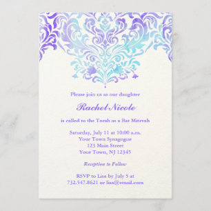 Invitación Turquesa y palo púrpura Mitzvah del damasco de la