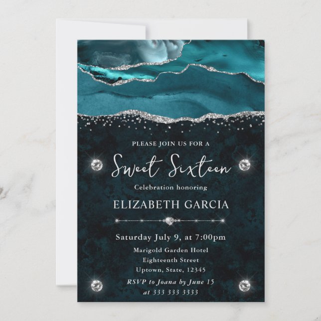 Invitación Turquesa y Plata  Agata Brillante Cumpleaños 16 (Anverso)