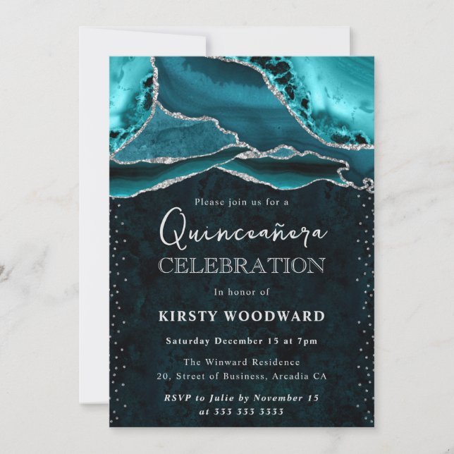 Invitación Turquesa y Plata Brillo Ágata Quinceañera (Anverso)