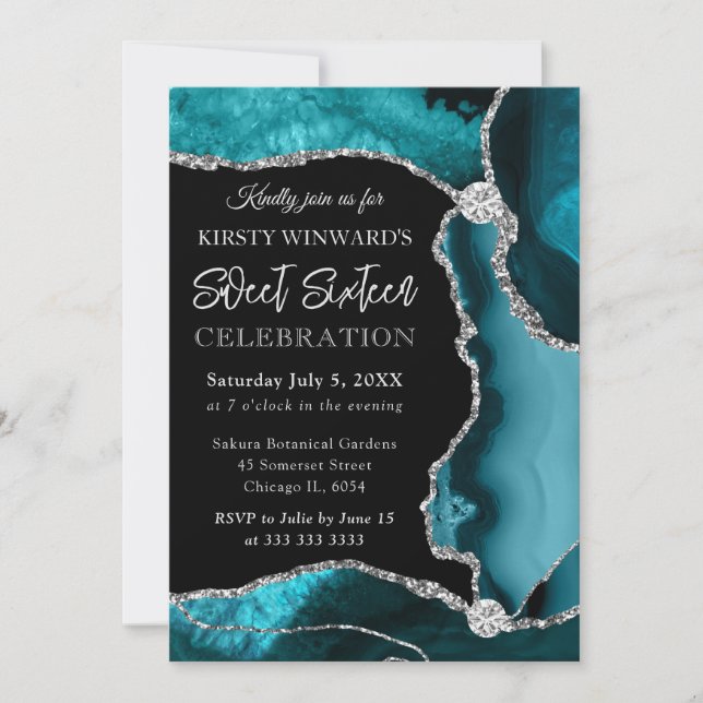 Invitación Turquesa y Plata Falso Brillo Ágata Dulce 16 (Anverso)