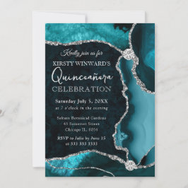 Invitación Turquesa y Plata Falso Brillo Ágata Quinceañera
