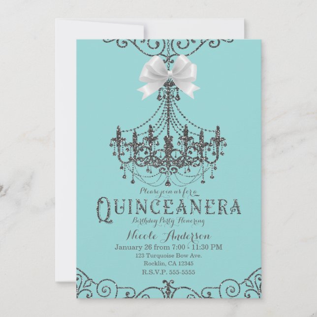 Invitación Turquesa y Plata Lazo Blanco Quinceañera 15 15 año (Anverso)