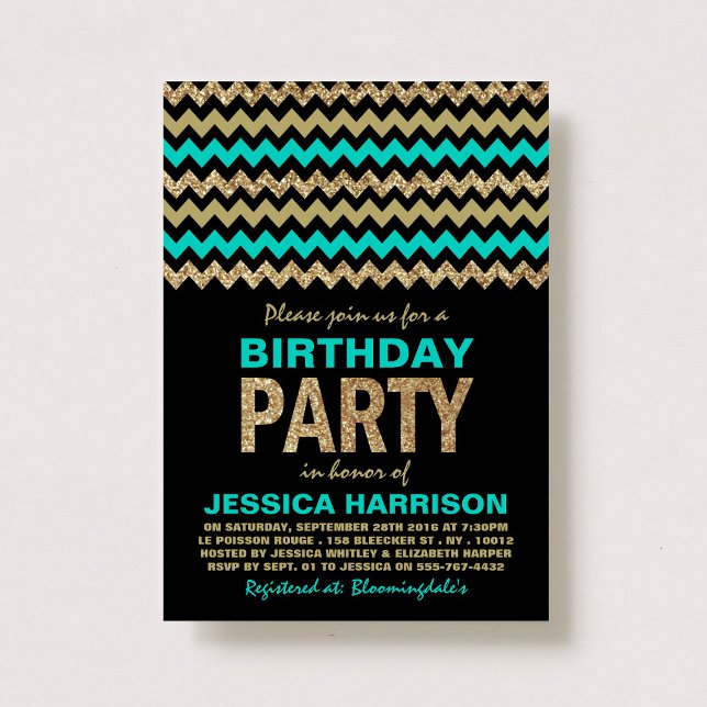 Invitación Turquesa y Purpurina de oro Chevron Fiesta de cump (Subido por el creador)