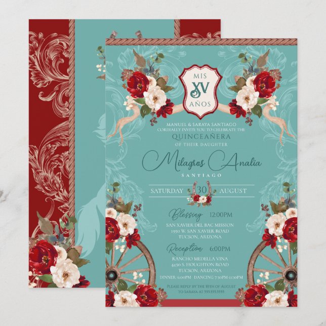Invitación Turquesa y Red Elegante Charra Barroco Quinceañera (Anverso / Reverso)