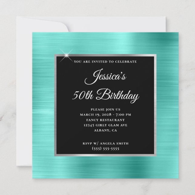 Invitación Turquesa y Relieve metalizado plateado Negro 50 cu (Anverso)