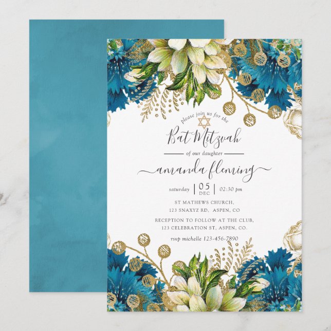 Invitación Turquesa y Shabby Bat Mitzvah (Anverso / Reverso)