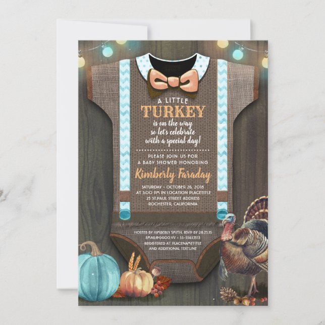 Invitación Turquía Baby Shower Caída Calabaza Rústica Madera  (Anverso)