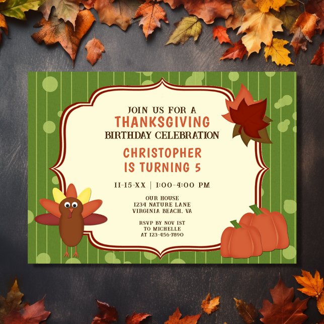 Invitación Turquía y las calabazas Día de Acción de Gracias (Front - Cute Turkey and Pumpkins Thanksgiving Birthday Invitation)