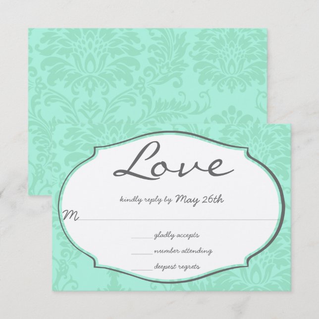 Invitación Turquiose Mint Damask Wedding RSVP (Anverso / Reverso)