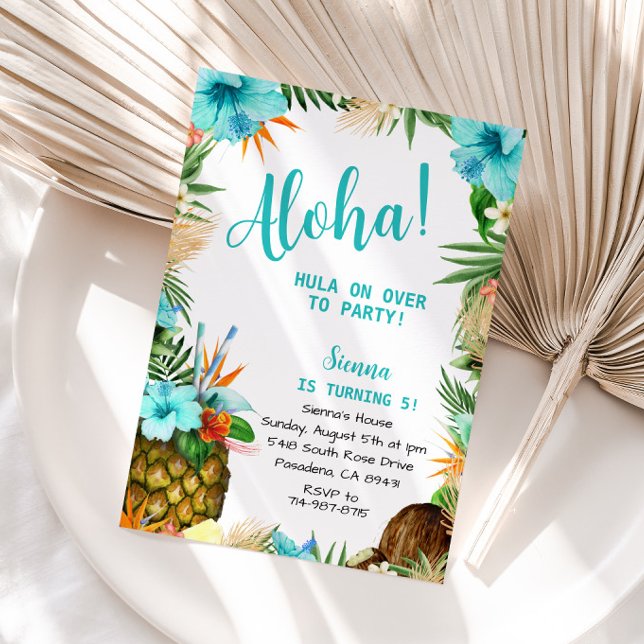 Invitación Turquoise Aloha Cumpleaños, Hawai Luau Tropical (Subido por el creador)