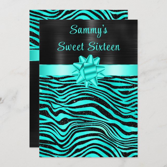 Invitación Turquoise and Black Zebra Stripes Sweet Sixteen (Anverso / Reverso)