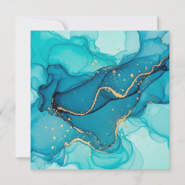 Invitación Turquoise and Teal Alcohol Ink Abstract with Gold  (Anverso)