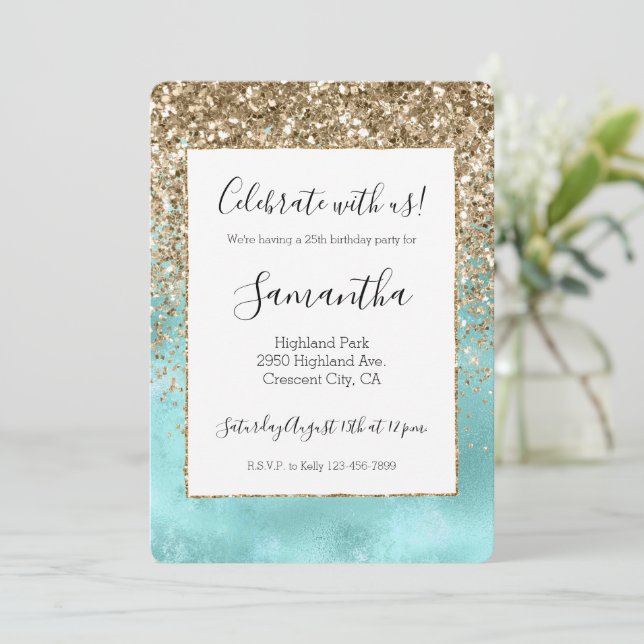Invitación Turquoise Aqua Gold Glam Purpurina Sparkle (Anverso de pie)