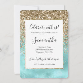 Invitación Turquoise Aqua Gold Glam Purpurina Sparkle