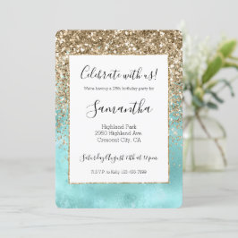 Invitación Turquoise Aqua Gold Glam Purpurina Sparkle