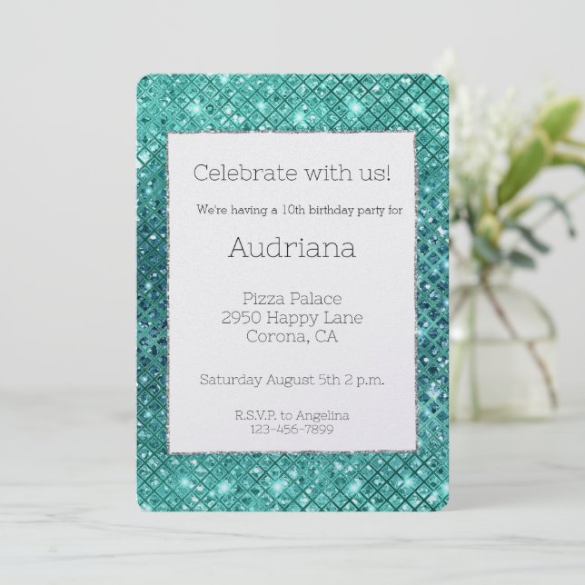 Invitación Turquoise Aqua Green Sparkle Cumpleaños (Anverso de pie)